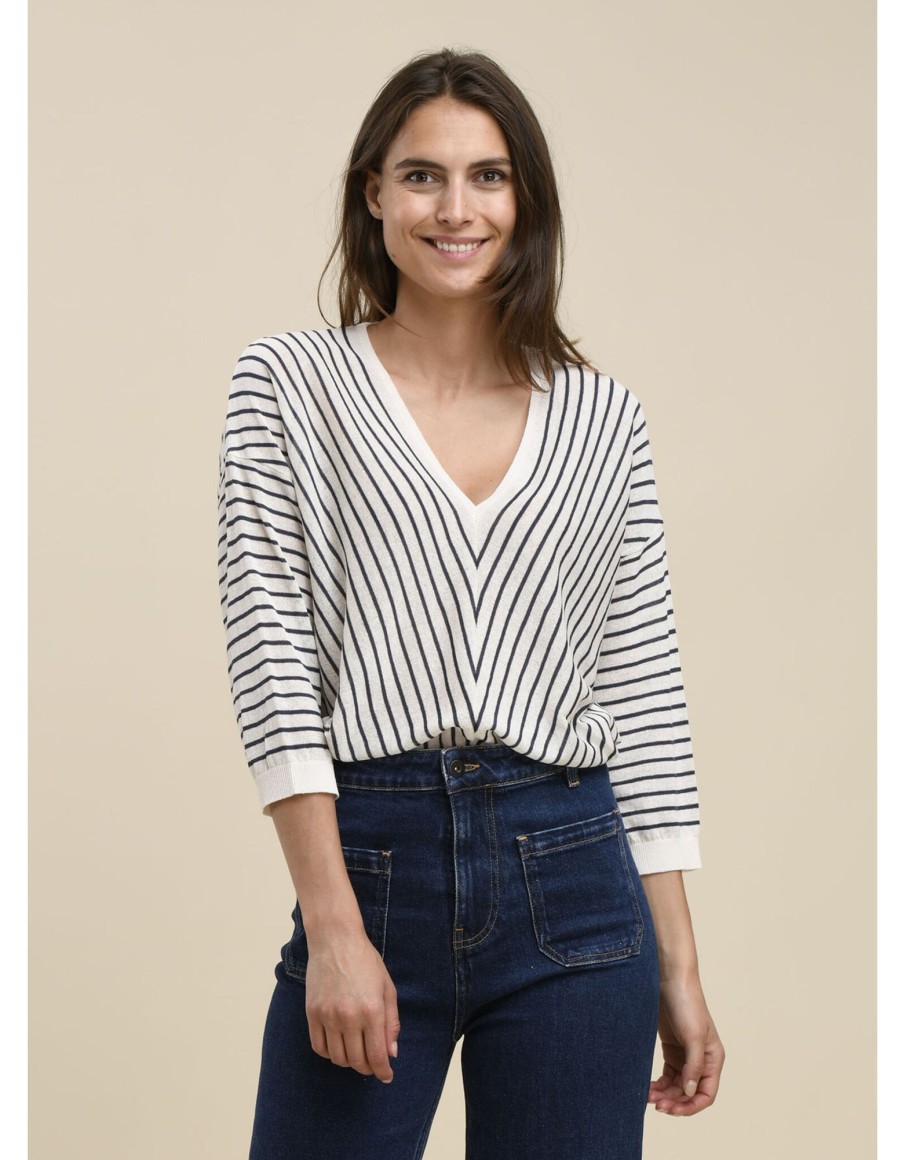 Clothing & Accessories La Fee Maraboutee | La Fee Maraboutee- Danaee - Stripe Oversize Knit Ecru Marine