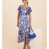 Clothing & Accessories Fee G | Fee G- 7476137 -Pia - Print Dress With Heart Waterfall Sleeves Blue