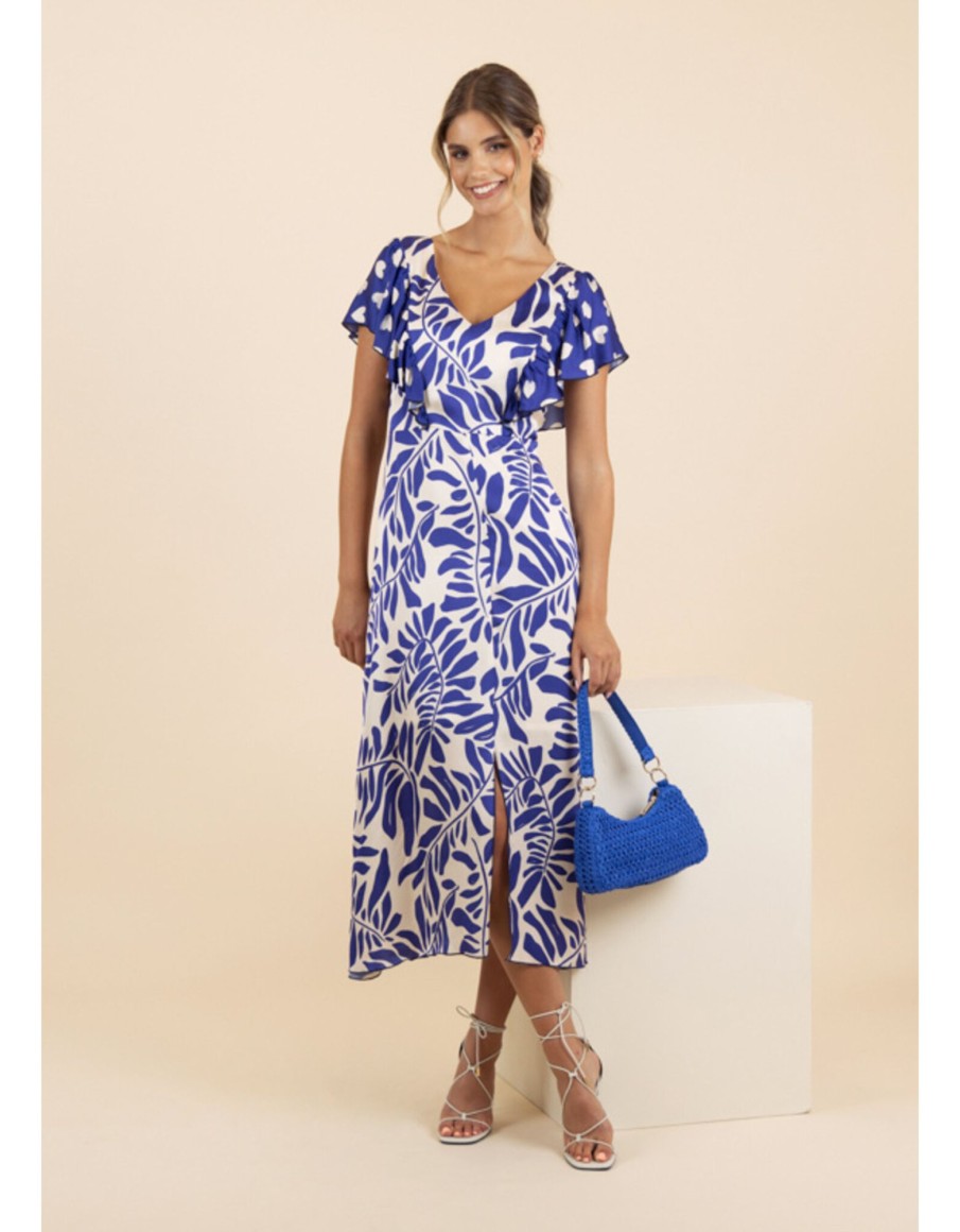 Clothing & Accessories Fee G | Fee G- 7476137 -Pia - Print Dress With Heart Waterfall Sleeves Blue